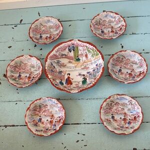 Antique Japanese Geisha Girl Bowl with 6 Smaller bowls.